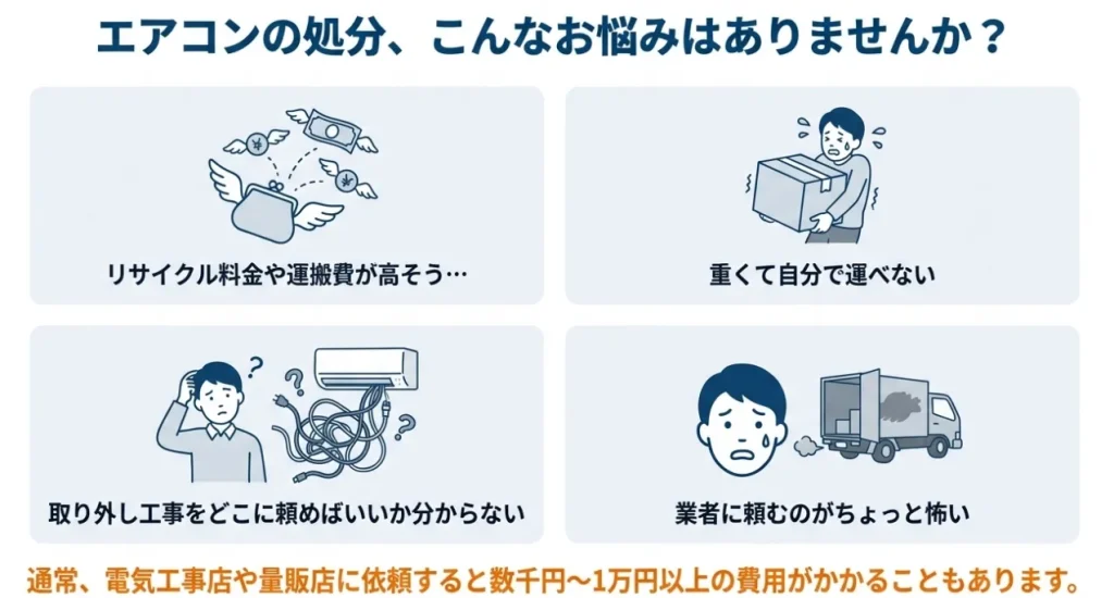 エアコンの処分こんなお悩みはありませんか？リサイクル料金や運搬費が高そう・・・。重くて自分で運べない。取り外し工事をどこに頼めばいいかわからない。業者に頼むのはちょっと怖い。通常電気工事店や量販店に依頼すると数千円から1万円以上の費用がかかることもあります。